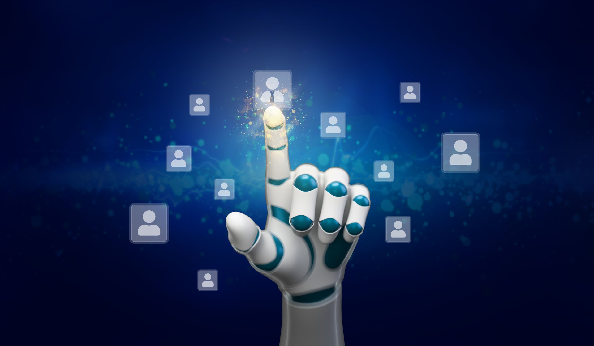 robot arm is choosing a person out of many on a touchscreen - 3d illustration